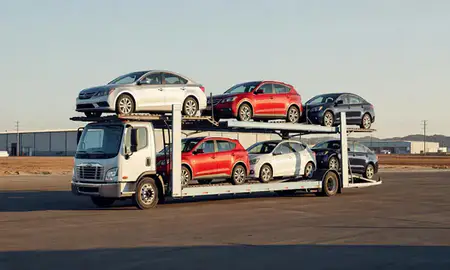 Car transporter loaded with vehicles in Blackfoot, Idaho, United States