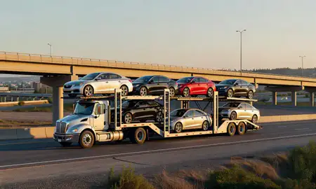 Car transporter with the Blackfoot, Idaho, United States skyline behind it