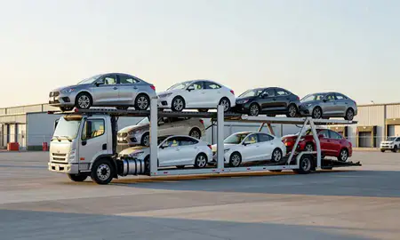 Car transporter loaded with vehicles in Boise, Idaho, United States