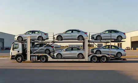 Car transporter parked in an industrial area of Burley, Idaho, United States