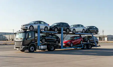 Car transporter loaded with vehicles in Burley, Idaho, United States