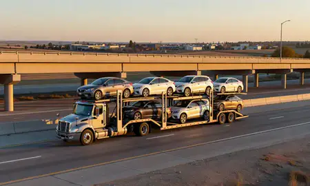 Car transporter with the Burley, Idaho, United States skyline behind it