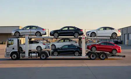 Car transporter parked in an industrial area of Caldwell, Idaho, United States