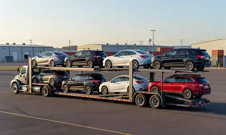 Car transporter loaded with vehicles in Caldwell, Idaho, United States