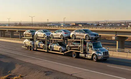 Car transporter with the Caldwell, Idaho, United States skyline behind it