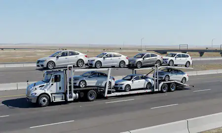 Multi-level car carrier on the highway to Chubbuck, Idaho, United States