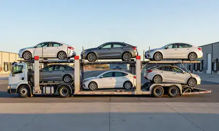 Car transporter parked in an industrial area of Chubbuck, Idaho, United States