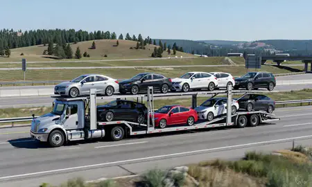 Multi-level car carrier on the highway to Coeur d'Alene, Idaho, United States