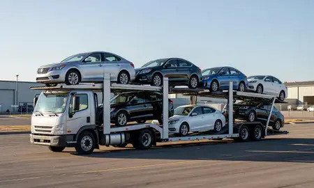 Car transporter loaded with vehicles in Coeur d'Alene, Idaho, United States