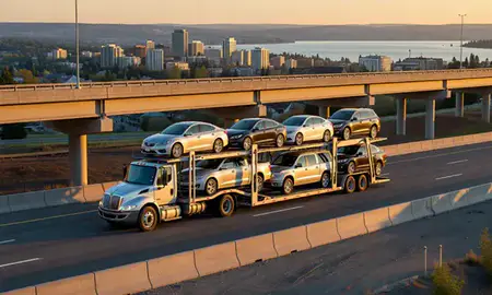 Car transporter with the Coeur d'Alene, Idaho, United States skyline behind it