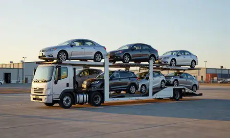 Car transporter loaded with vehicles in Eagle, Idaho, United States