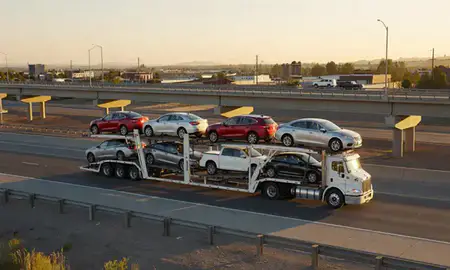Car transporter with the Eagle, Idaho, United States skyline behind it