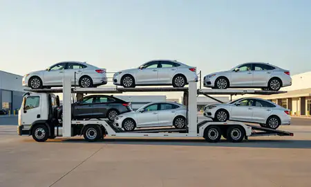 Car transporter parked in an industrial area of Emmett, Idaho, United States