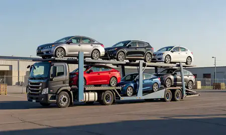 Car transporter loaded with vehicles in Emmett, Idaho, United States