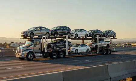 Car transporter with the Emmett, Idaho, United States skyline behind it