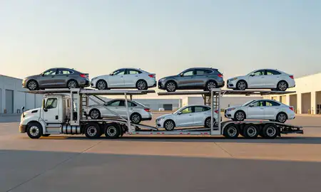Car transporter parked in an industrial area of Fruitland, Idaho, United States