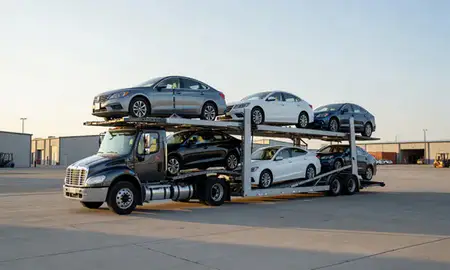 Car transporter loaded with vehicles in Fruitland, Idaho, United States