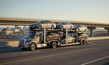 Car transporter with the Fruitland, Idaho, United States skyline behind it