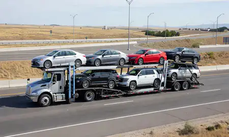 Multi-level car carrier on the highway to Garden City, Idaho, United States