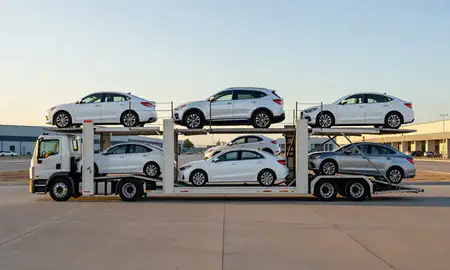 Car transporter parked in an industrial area of Garden City, Idaho, United States