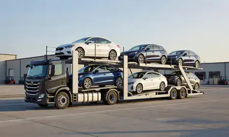 Car transporter loaded with vehicles in Garden City, Idaho, United States