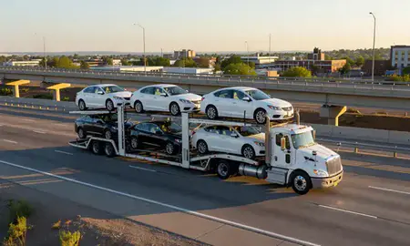 Car transporter with the Garden City, Idaho, United States skyline behind it