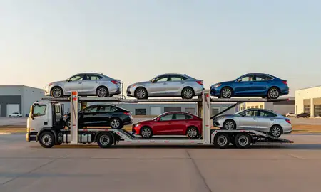 Car transporter parked in an industrial area of Hailey, Idaho, United States