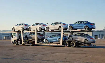 Car transporter loaded with vehicles in Hailey, Idaho, United States