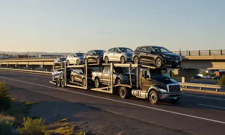 Car transporter with the Hailey, Idaho, United States skyline behind it