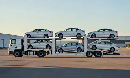 Car transporter parked in an industrial area of Hayden, Idaho, United States