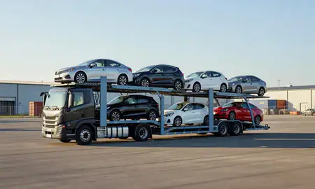Car transporter loaded with vehicles in Hayden, Idaho, United States