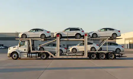 Car transporter parked in an industrial area of Idaho Falls, Idaho, United States