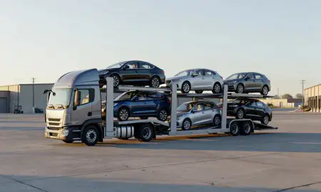 Car transporter loaded with vehicles in Idaho Falls, Idaho, United States