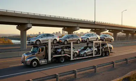 Car transporter with the Idaho Falls, Idaho, United States skyline behind it