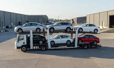 Car transporter loaded with vehicles in Jerome, Idaho, United States