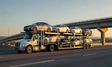 Car transporter with the Jerome, Idaho, United States skyline behind it