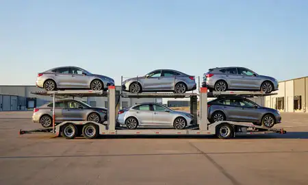 Car transporter parked in an industrial area of Kuna, Idaho, United States