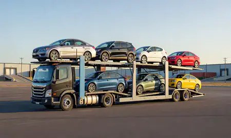 Car transporter loaded with vehicles in Kuna, Idaho, United States