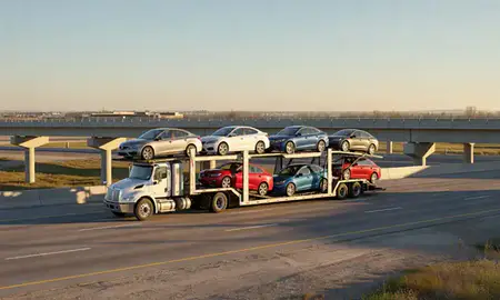 Car transporter with the Kuna, Idaho, United States skyline behind it