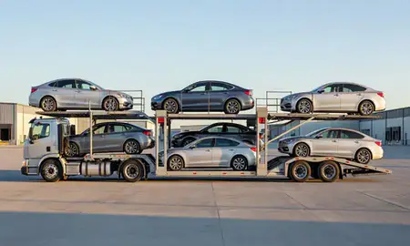 Car transporter parked in an industrial area of Lewiston, Idaho, United States