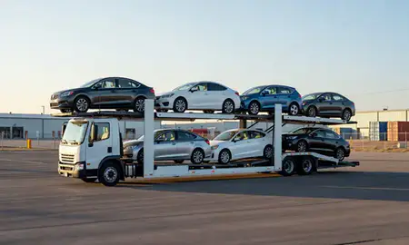 Car transporter loaded with vehicles in Lewiston, Idaho, United States