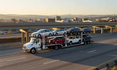 Car transporter with the Lewiston, Idaho, United States skyline behind it