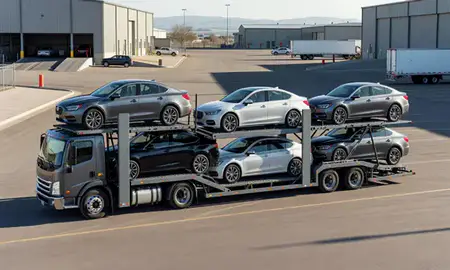 Car transporter loaded with vehicles in Meridian, Idaho, United States