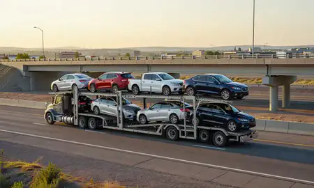 Car transporter with the Meridian, Idaho, United States skyline behind it