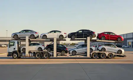 Car transporter parked in an industrial area of Middleton, Idaho, United States