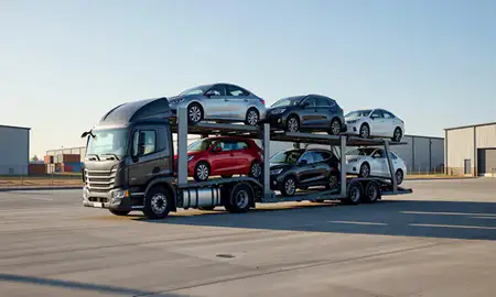Car transporter loaded with vehicles in Middleton, Idaho, United States
