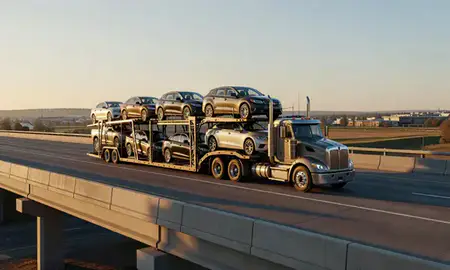 Car transporter with the Middleton, Idaho, United States skyline behind it