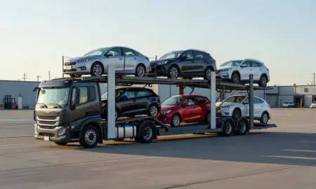 Car transporter loaded with vehicles in Moscow, Idaho, United States