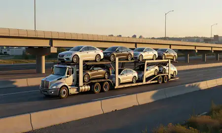 Car transporter with the Moscow, Idaho, United States skyline behind it
