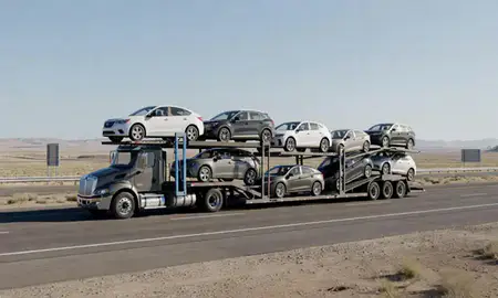 Multi-level car carrier on the highway to Mountain Home, Idaho, United States